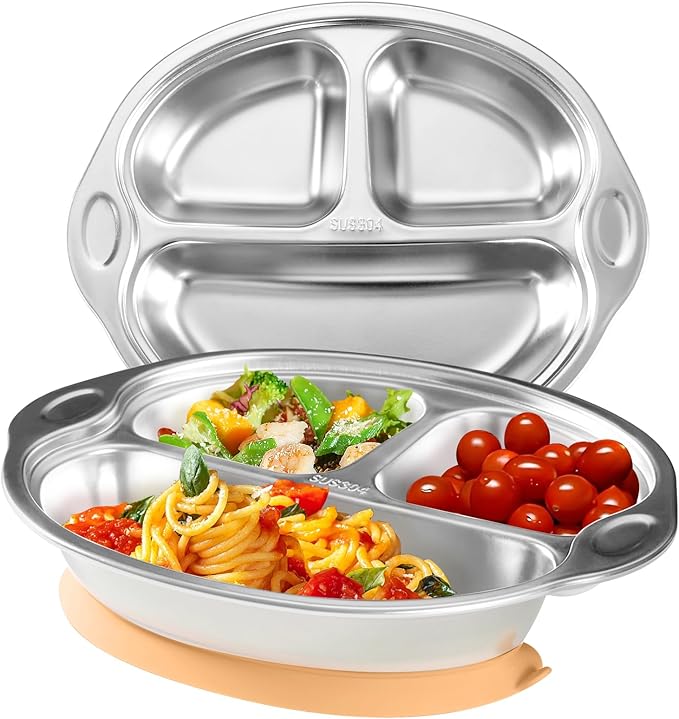 Stainless Steel Baby Suction Plates Divided Plates for Babies and Toddlers, Made of 100% Food-Grade Materials Ideal for Baby-Led Weaning BPA-Free Toddler Feeding Dishwasher Safe Orange-pink