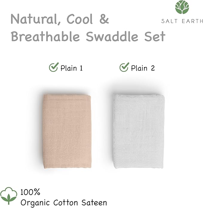 Salt Earth 100% Organic Cotton GOTS Certified 2-Layered Swaddle Baby Blanket, 2 Pack,47"x47" Receiving Blankets for Swaddling,Wrap for Boy & Girl, Newborn Baby Essentials, Registry (2 Solid Colour)