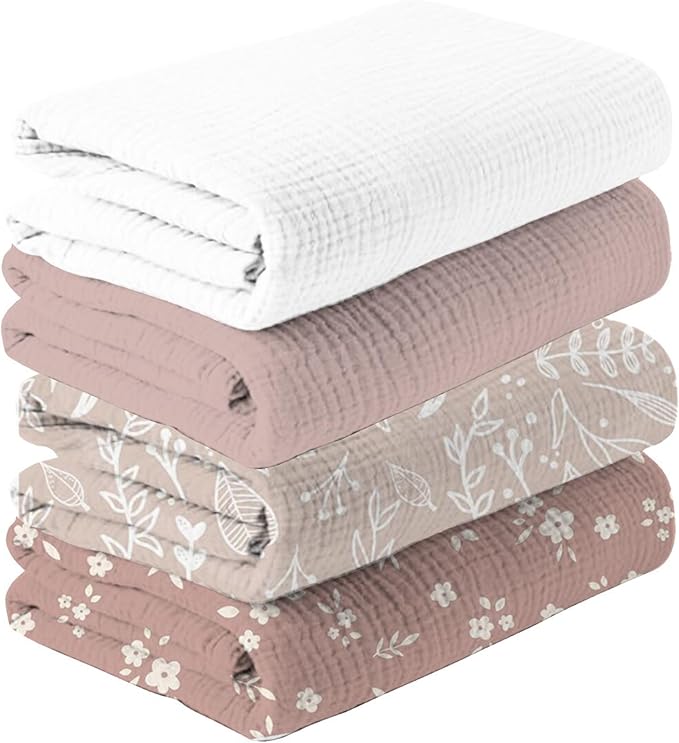 Happy Flute 4Set Muslin Swaddle Blankets–Ultra Soft Baby Blanket for Newborns,Receiving Blankets for Baby Girls & Boys–Baby Essentials 0-3 Years,40x40inches (Flower)