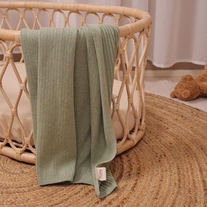 Knitted Organic Cotton Baby Blanket- Swaddle Blanket, 30" x 40" Soft Receiving Blanket for Newborn (Fog/Roman Green)