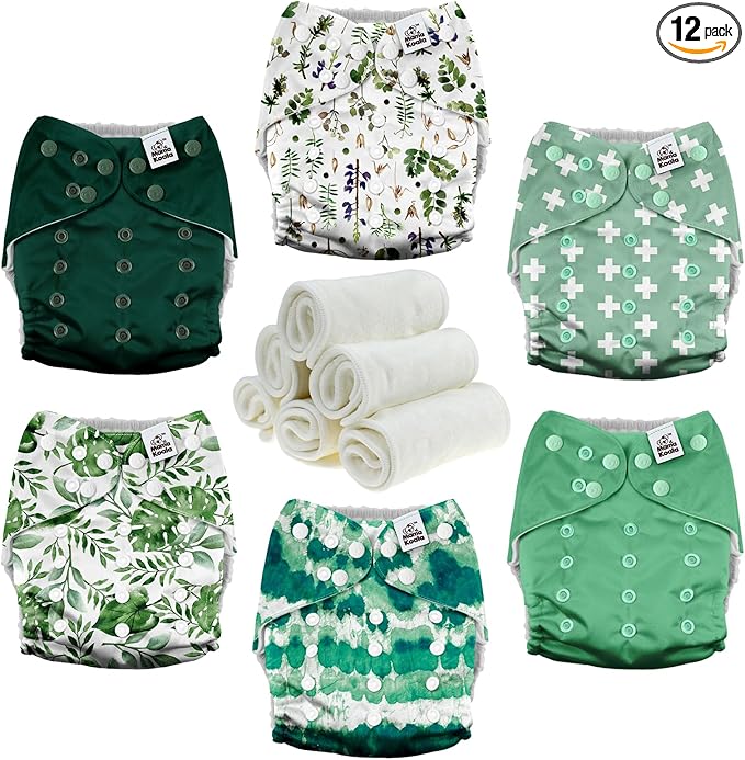 Mama Koala 3.0 Pocket Cloth Diapers for Babies with AWJ Lining, 6 Pack with 6 4-Layer Natural Cloth Diaper Inserts - Reusable and Washable Pocket Diapers (Love Green)