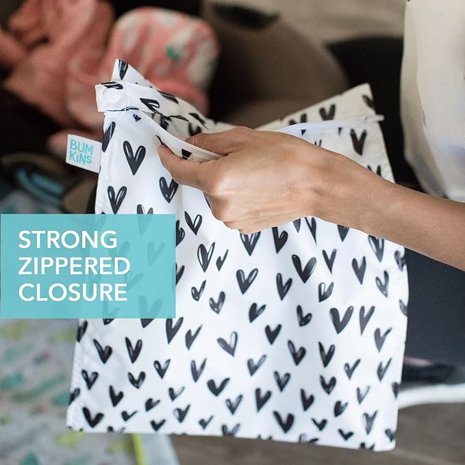 Bumkins - Waterproof Wet Bag & Clear Travel Bags - For Beach, Baby, Travel, Swim Suit, Cloth Diapers, Pump Parts, Pool, Gym, Toiletries - Reusable & Easy to Clean - Black Hearts - 4 Pack