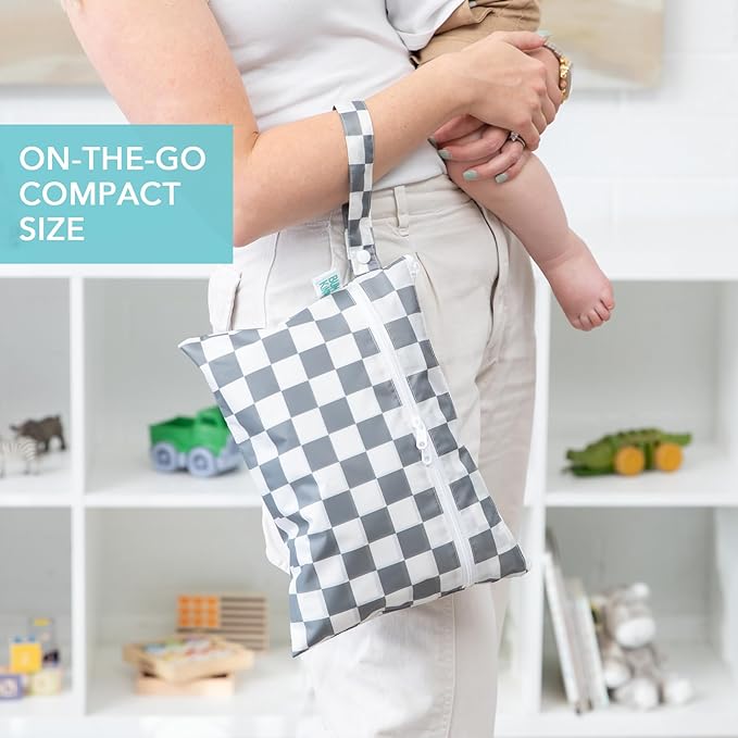 Bumkins - Waterproof Wet Bag, Wet/Dry Clutch & Clear Travel Bags - For Beach, Baby, Travel, Cloth Diapers, Pump Parts, Pool, Gym, Toiletries - Reusable & Easy to Clean - Gray Check - 5 Pack