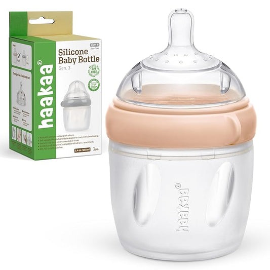 haakaa Gen. 3 Silicone Baby Bottle 160ml /5.4oz – Baby Bottles for Newborn 0M+, BPA-Free Breastfeeding Baby Bottle with Natural Latch, Slow Flow Anti-Colic Silicone Baby Bottle– Peach