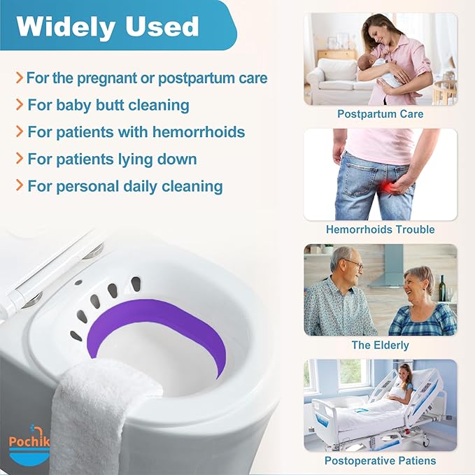 Pochik Sitz Bath for Toilet Seat, Sitz Baths for Hemorrhoids and Postpartum Care, Yoni Steam Seat, Collapsible Basin for Epsom Salt Soak, Sits Bath Kit for Women - Purple