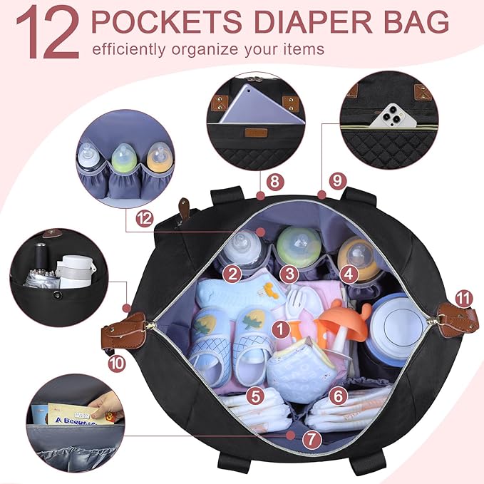 Diaper Bag Tote - Diaper Baby Bags with Pacifier Case, Shoulder Straps, Stroller Clips, Waterproof Large Mommy Maternity Travel Baby Bag for Mom and Dad, Medium, Black