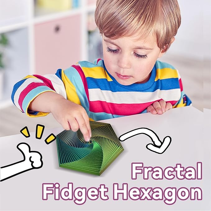 Fractal Fidget Hexagon-3D Printed Hexagon Fidget Toy, Infinity Cube Sensory Toys for Adults, Desk Spinning Toy, Hexagon Spiral Visual Fingertip Toys for Stress Anxiety (5.75in) (Yellow-Green-Blue)