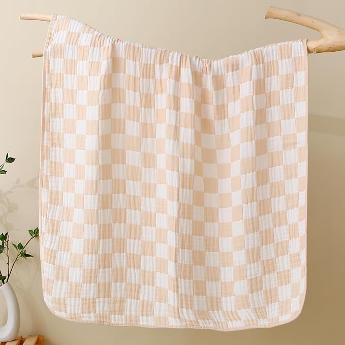 Ultra-Soft Checkered Muslin Baby Blanket - Swaddle & Crib, 43x43 (Cream)