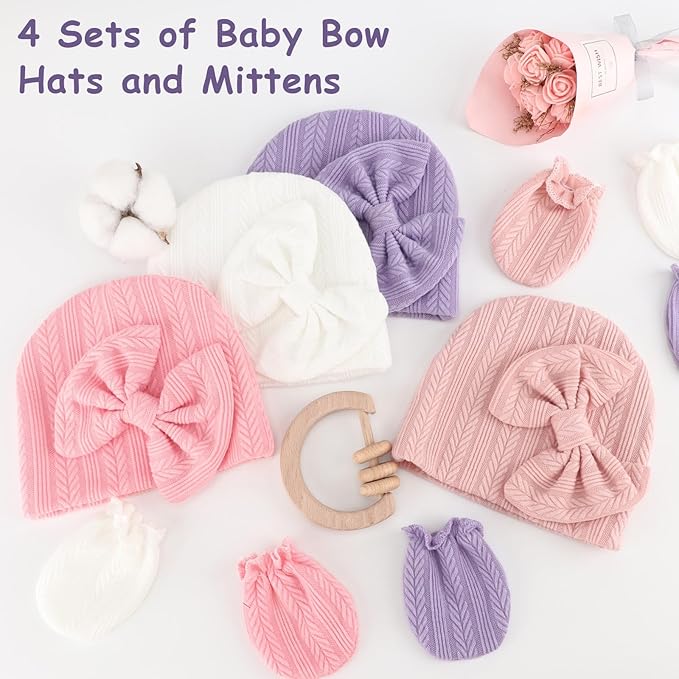Newborn Baby Hats and Mittens Set Infant Bow Beanie Cap Toddler Gloves Newborn Hospital Hats for Baby Boy Girl 0-6 Months