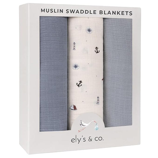 Ely's & Co. Muslin Swaddle Blankets 3-Pack for Baby Boy, 100% Cotton Muslin Extra Large Swaddle Receiving Blankets, 47”x47” (Blue-Ivory Nautical)