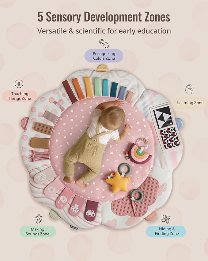 Blissful Diary Baby Play Gym & Activity Mat, 5 Developmental Zones Wooden Tummy Time Mat with 5 Detachable Sensory Toys for Motor Skills & Sensory Development, Baby Essentials Shower Gift, Pink Flower