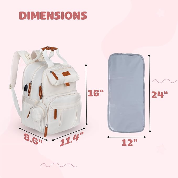 Expandable Diaper Bag Backpack for Baby Boy & Girl – 26-32L Large Capacity Travel Diaper Bag with Insulated Pockets, Changing Pad & Stroller Straps – Beige