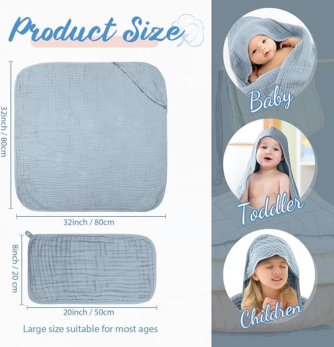 VitalCozy 8 Pcs Baby Muslin Hooded Bath Towels and Washcloths Muslin Cotton Hooded Baby Towels Absorbent Blankets for Gift Newborn Infant Shower (32 x 32 Inch,Modern Style)