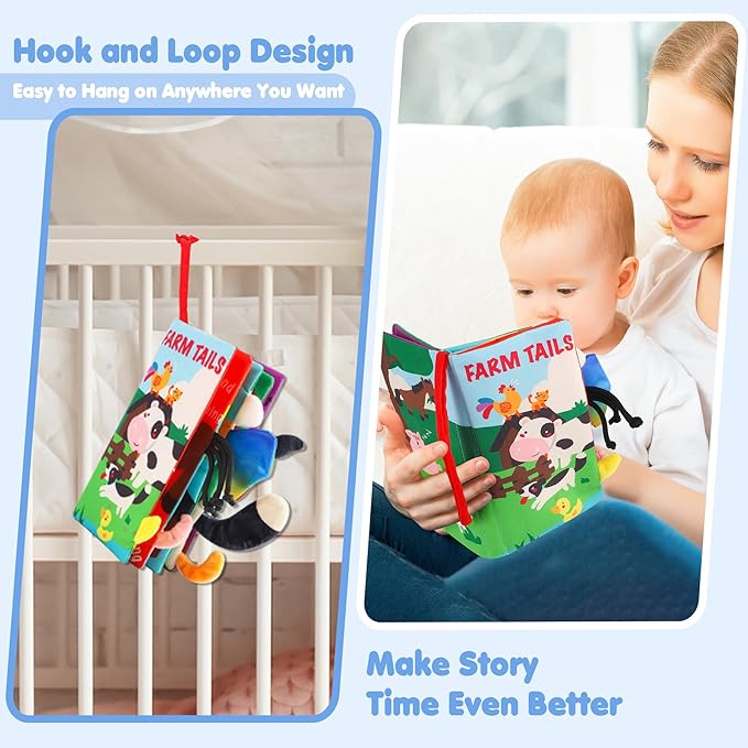 beiens Soft Toys Baby Cloth Books, Touch and Feel Crinkle Books for Babies, Infants & Toddler, Early Development Interactive Car Toys & Stroller Toys for Boys & Girls (Farm Tails-1 Book)