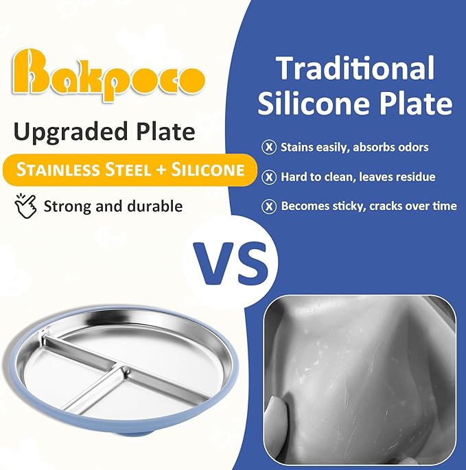 Stainless Steel Suction Plates for Toddlers, 8" Divided Kids Baby Plates with Removable Silicone Suction, Non Toxic Non Slip Portion Control Snack Dishes 3 Packs, Blue Gray Beige