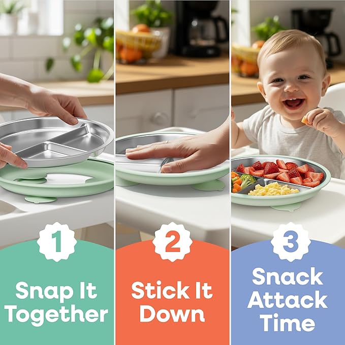 Stainless Steel Kids Plates with Suction - 9" Stainless Steel Toddler Plates with Dividers and Strong Hold Silicone Base - Feeding Dinnerware for Baby, Dishwasher Safe Suction Plate Non Toxic