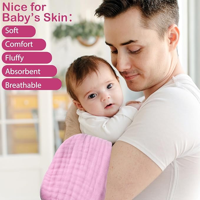 VitalCozy 6 Pcs Baby Muslin Hooded Bath Towels and Washcloths Muslin Cotton Hooded Baby Towels Absorbent Blankets for Gift Newborn Infant Shower (32 x 32 Inch,Rose Red,Pink)