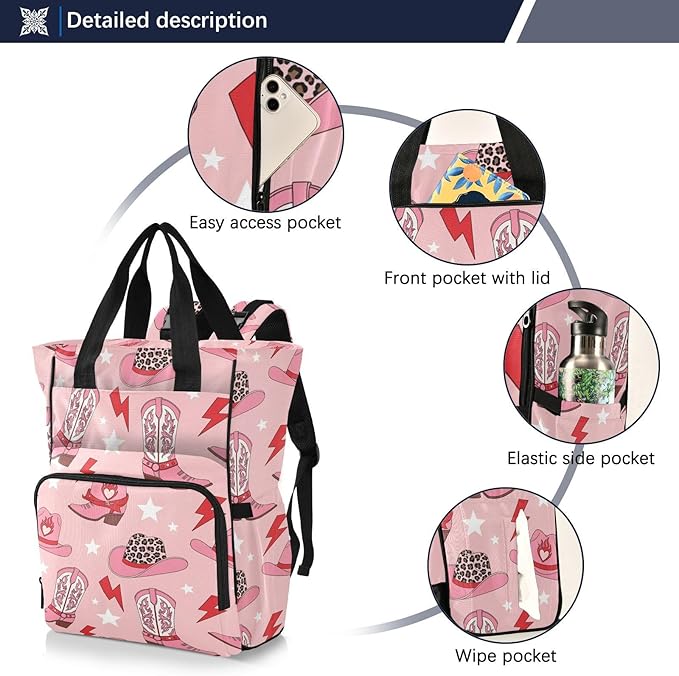Emelivor Western Cowgirl Pink Diaper Bag Backpack Large Capacity Travel Baby Bags Backpack Diaper Bags for Boy Girl Unisex Baby Women Travel