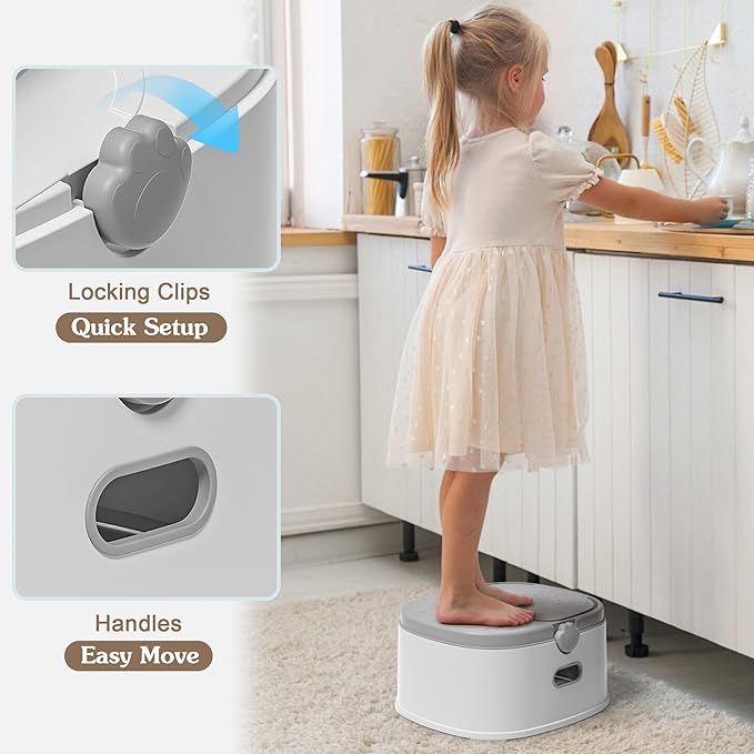 3-in-1 Potty Training Toilet, Portable Potty, Potty Training Seat and Toddler Step Stool, Easy Setup and Clean, Anti-Slip Toddler Potty Trainer for Boy Girl,Grey