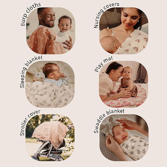 GLLQUEN BABY Muslin Swaddle Blankets 4-Pack Breathable Receiving Blankets (35" x 40") Soft Baby Blankets for Girls and Boys Newborn Essentials Muslin Burp Cloths Swaddle Wrap Baby Gift (Elephant)
