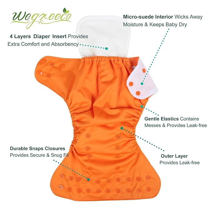 wegreeco Cloth Diapers 6 Pack with 6 Inserts & 1 Wet Bag, Washable Cloth Diapers for Babies, One Size Adjustable Reusable (Vibrant)