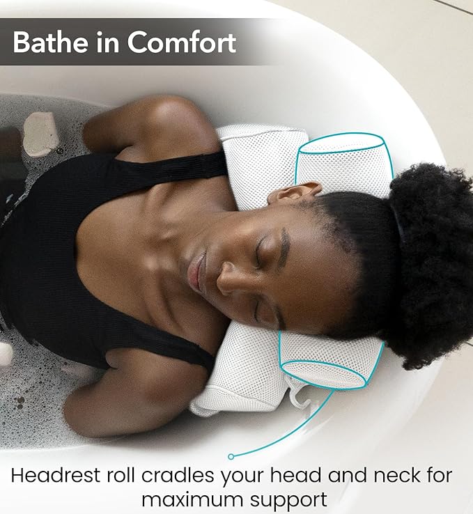 Everlasting Comfort Luxury Bath Pillows for Tub with Head and Neck Support - Non-Slip Bathtub Pillow with Suction Cups, Quick-Drying Mesh & Drying Hook - Jacuzzi & Spa Accessories for Women - White