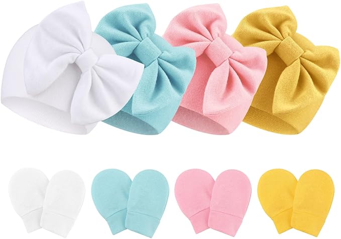 Newborn Baby Hats and Mittens Set Infant Bow Beanie Cap Toddler Gloves Newborn Hospital Hats for Baby Boy Girl 0-6 Months