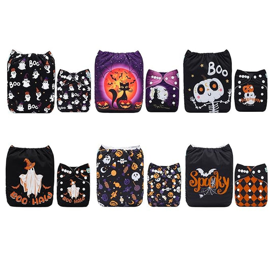 ALVABABY Halloween Cloth Diapers 6 Pack with 12 Inserts One Size Adjustable Washable Reusable for Babies 6QH03