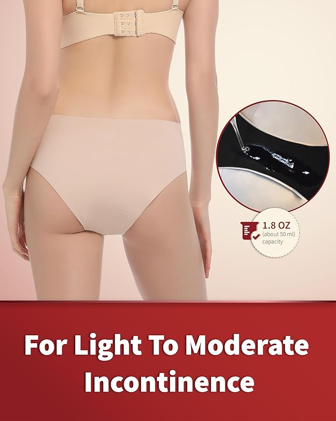 Washable Incontinence Underwear for Women, 1.8 oz Absorbency Leak Proof Seamless Mid Rise Briefs for Postpartum 3 Pack (Black-Beige, 2XL)