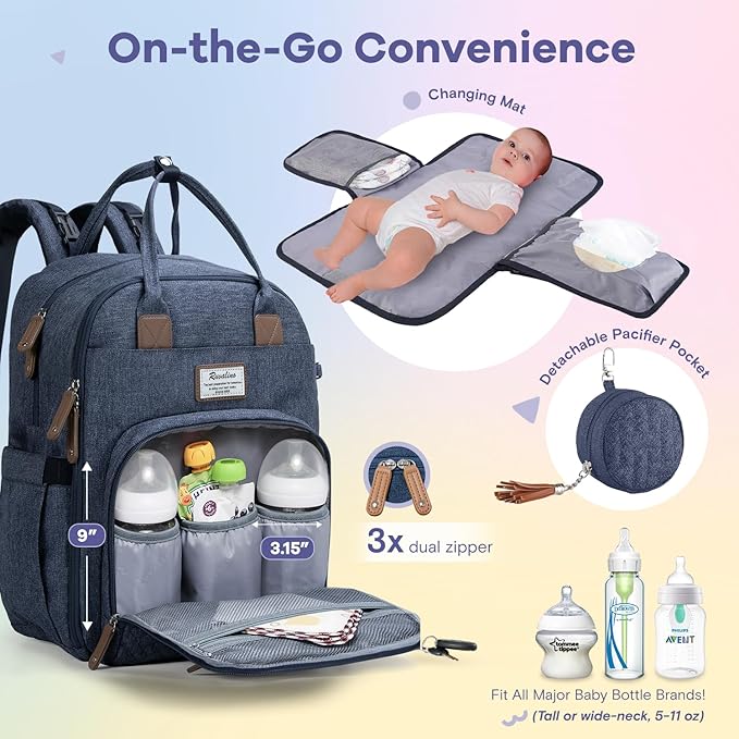 RUVALINO Diaper Bag Backpack, Multifunction Travel Pack Maternity Baby Changing Bags, Large Capacity, Waterproof, Navy Blue