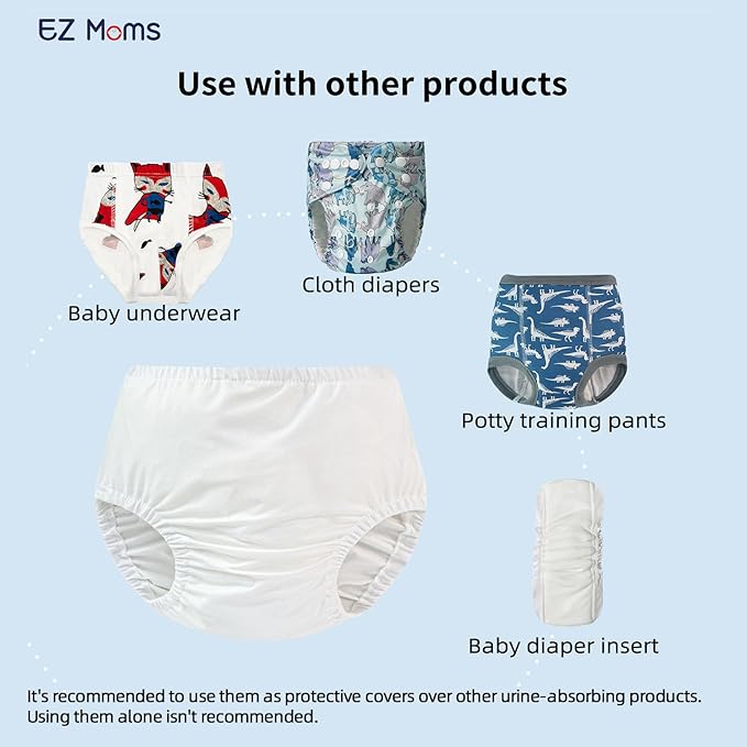 EZ Moms 4 Packs Plastic Underwear for Potty Training Waterproof Cloth Diaper Covers for Girls and Boys Soft Rubber Pants for Potty Training Soft Reusable White Diaper Cover with Baby Washable Wipes 3T