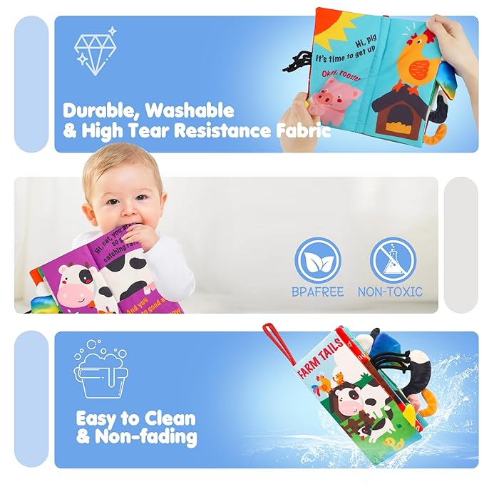beiens Soft Toys Baby Cloth Books, Touch and Feel Crinkle Books for Babies, Infants & Toddler, Early Development Interactive Car Toys & Stroller Toys for Boys & Girls (Farm Tails-1 Book)