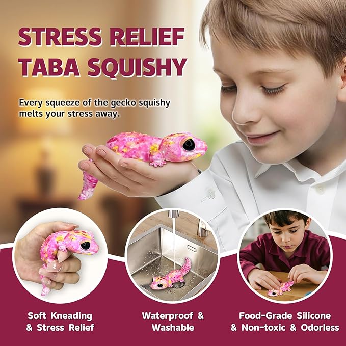Taba Squishy, Ultra-Soft Gecko Squeeze Toys for Kids Adults, Fidget Sensory Stress Relief Squishies Toys, Food-Grade Silicone Cute Anxiety Relief Party Favors Gifts for Girls & Boys