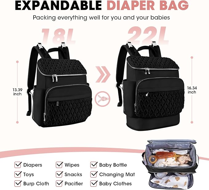 Baby Diaper Bag Backpack, Expandable Baby Bag for Girl Boy, Travel Diaper Backpack with Insulated Pocket, Changing Pad, Quilted Diaper Bag for Mom Dad, Newborn Baby Essentials Must Have Black