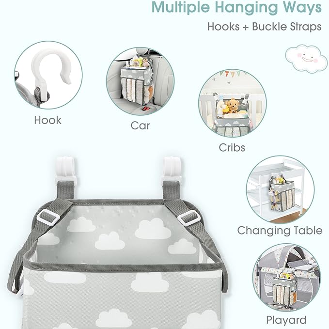 Maliton Hanging Diaper Caddy Organizer - Diaper Stacker for Changing Table, Crib, Playard or Wall & Nursery Organization Baby Shower Gifts for Newborn (Gray Cloud)