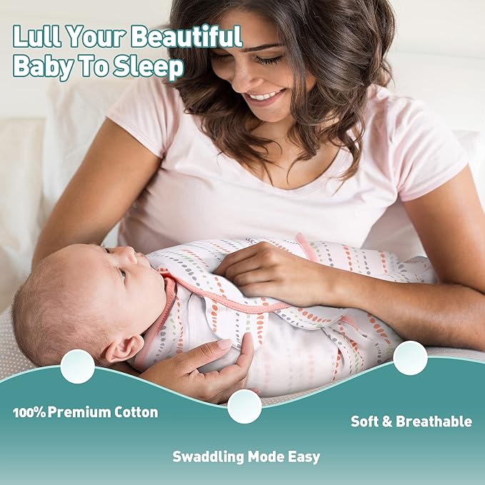 GLLQUEN BABY Swaddle Blankets for Baby Girls, Orange Pink Feather & Wave Point, 3 Pack Wrap Set, Newborn Adjustable Swaddles Sleep Sack, 0-3 Months (Small/Medium)