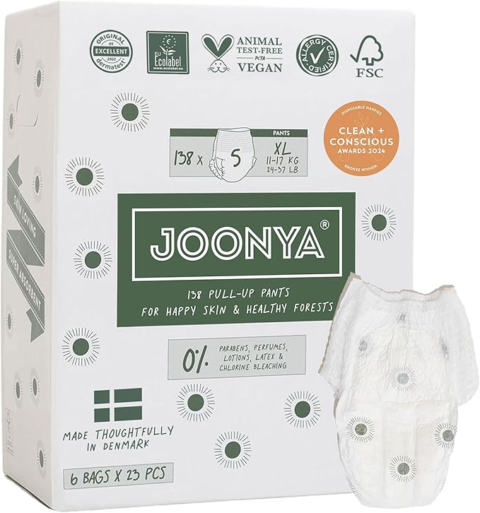 Joonya Pull-Up Pants Baby Diapers, Size 5 XL (24-37 lb) - 6 Bags of 23 (138) - NonToxic, Eco-Friendly, Ultra Slim, Overnight Use - Made in Denmark