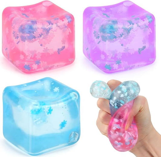 Ice Cube Fidget Toy for All Ages: 3 Pack Soft Cubes Sensory Fidget Ice Cube Stress Ball Squishy Cube Stress Relief Toys for Kids, Teens and Adults Party Favors, Birthday Gift for Kids Age 3+