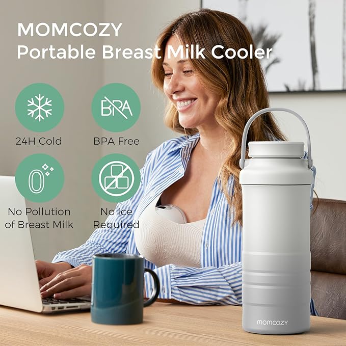 Momcozy 22oz Portable Breast Milk Cooler for Outdoor, Life Saver with 360° Total Cooling for 24 Hours, Larger Capacity Travel Breastmilk Chiller with 2pcs Baby Bottles for Breastmilk Storage, Cream