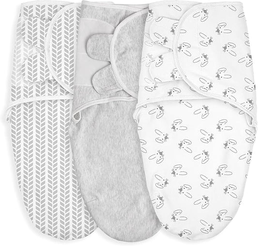 GLLQUEN BABY 3 Pack Newborn Swaddle - Baby Swaddle 0-3 Months for Baby Boys and Grils, Adjustable Sleep Sack for Newborns, Stripes & Bunnies, Swaddling Blankets