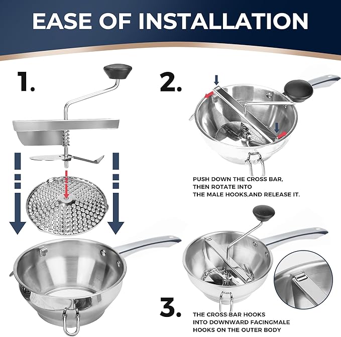 Stainless Steel Food Mills With 3 Milling Discs,Ergonomic design Of Rotary Food Mills For Tomato Sauce,Potatoes,Jams,Stainless Steel Handle and Dishwasher Safe,Includes Multifunctional Spoon
