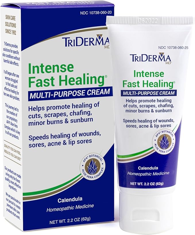 TriDerma Intense Fast Skin Healing Cream for Hard-to-Heal Skin Irritations, Sores, Rashes, Dry, Cracked Hands, Cuts, Chafing, Burns, Scrapes - First Aid Kit Essential - FSA Eligible - 2.2 oz