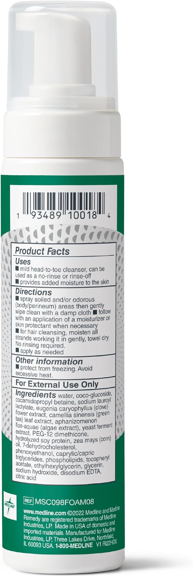 Medline Remedy Specialized No-Rinse Foam Cleanser, Gentle Skincare Solution, 8 oz. Bottle