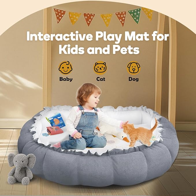 5-in-1 Convertible Baby Play Mat and Tummy Time Mat - Thick & Plush Baby Play Gym with 5 Sensory Toys,Baby Activity Center from Newborn to Toddler, Ball Pit (No Balls Included)，Pet Bed