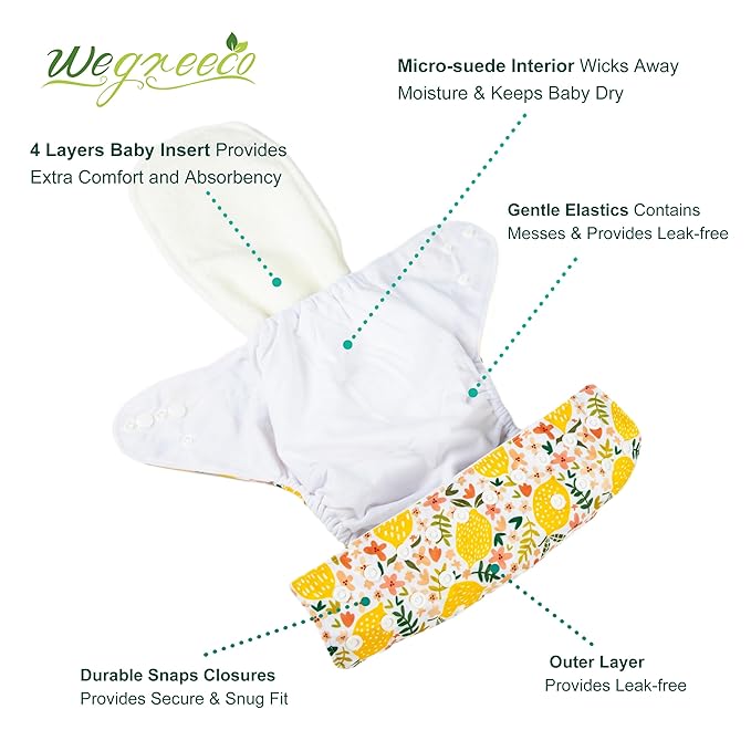 Wegreeco Cloth Diapers 6 Pack with Inserts, Washable Reusable Diapers for Babies, One Size Adjustable (Vibrant)