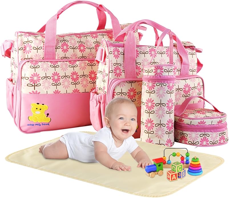 5PCS Diaper Bag Totes Set, Large Diaper Tote, Waterproof Maternity Bags, Cute Baby Diaper Organizer with Bottle & Food Bag