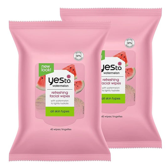 Yes To Face Wipes for Women and Men, Refreshing Facial Cleansing Wipes for use as a Make Up Remover, Cleaning, Soothing, Watermelon (Pack of 2)
