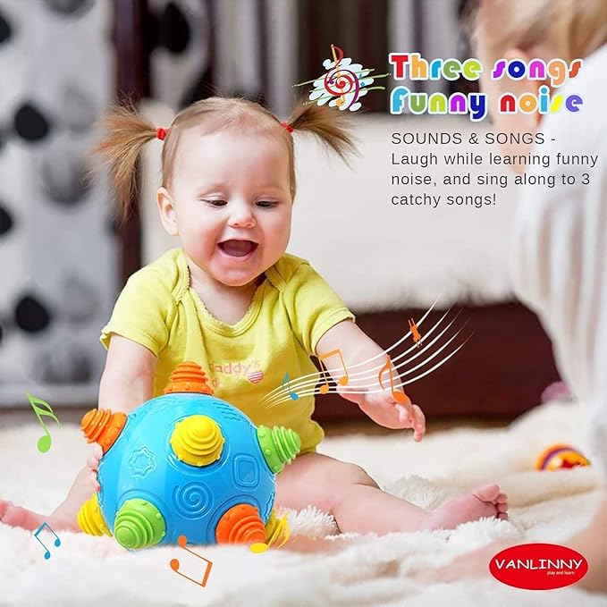 VANLINNY Toddlers Baby Music Shake Ball Toy Bumble Ball for Babies,Dancing Bumpy & Interactive Sounds Crawl Toy, Best Bouncing Sensory Learning Gift for 3+ Year Old Boys&Girls.