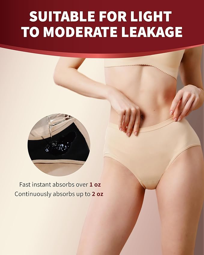 Incontinence Underwear for Women Washable, 2 oz Maximum Abosrbency Panties for Bladder Leak Proof Protection 2 Pack (Beige-Light Blue, L)