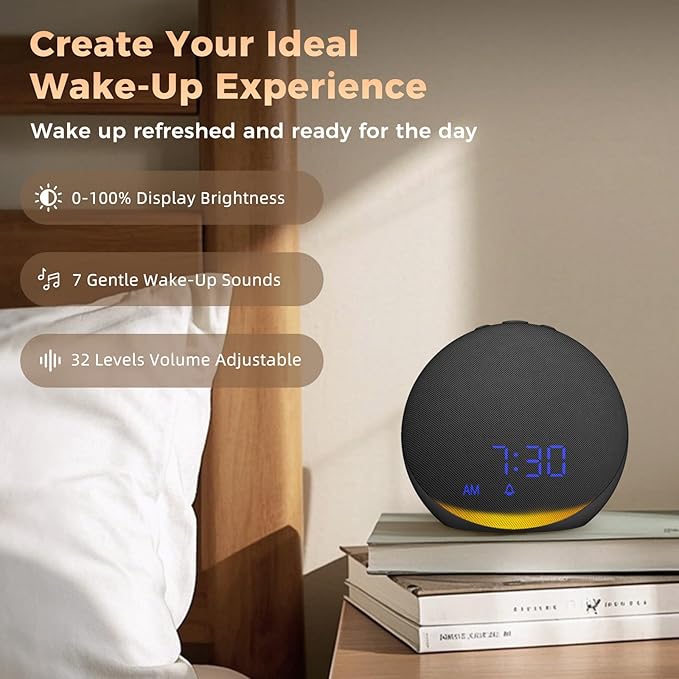 Sound Machine Alarm Clock for Bedroom: 25 Natural Sleep Sounds - White Noise Machine for Adults Kids Baby - Gentle Wake Up Alarm with Bluetooth Speaker - Black